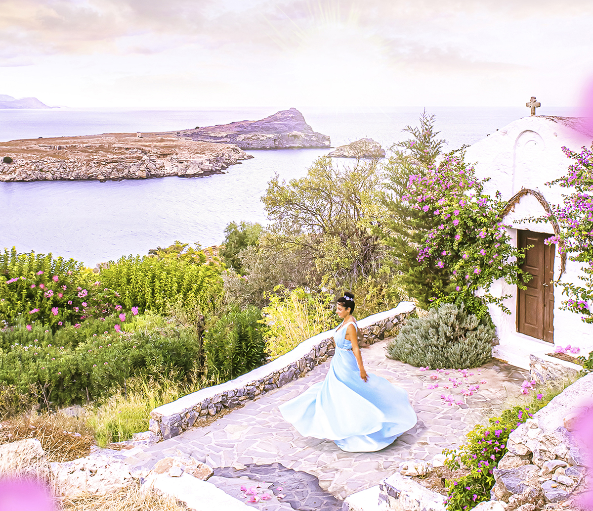 Rhodes Lindos, by a Greek church traveling in Greece while on the perfect vacation on the Mediterranean