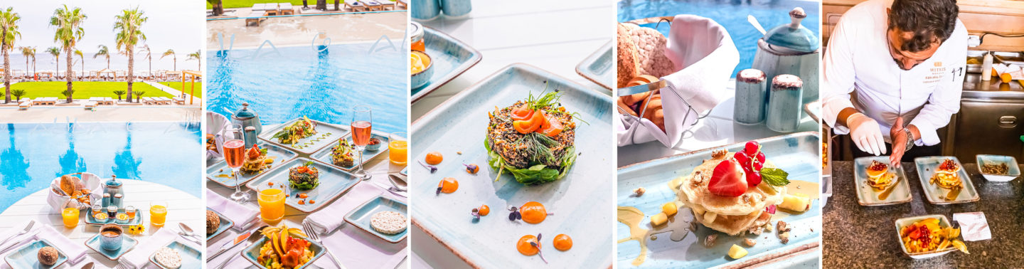 Plant-based brunch at Mitsis Alila Resort and Spa in Rhodes, Greece on vacation, eating pancakes, orange juice, and quinoa patties while on the perfect vacation on the Meditterannean